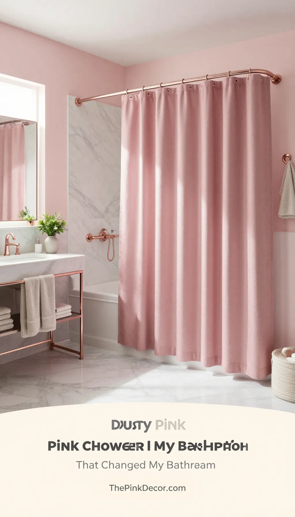 Close up of a linen Dusty Pink Shower Curtain with brass rings