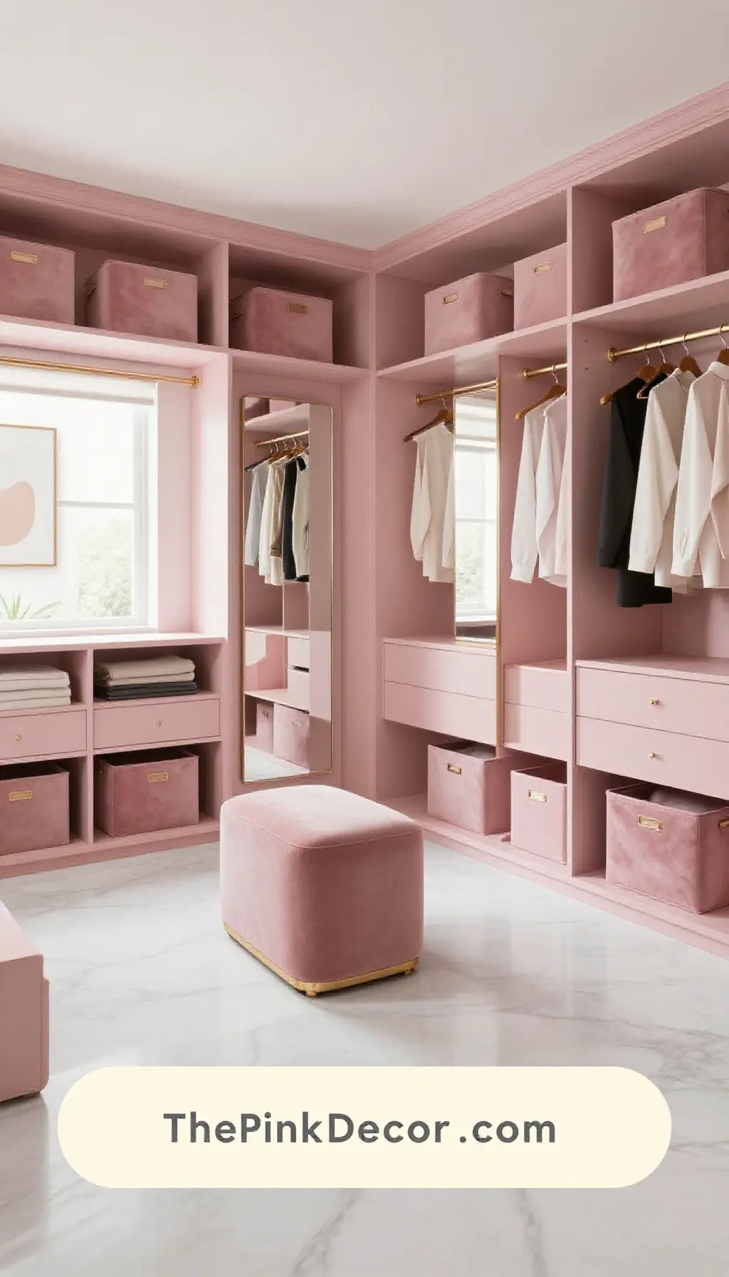 Complete Closet with pink decor elements and dusty pink storage bins