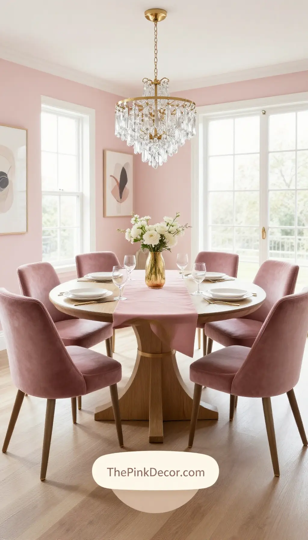 Complete Dining Room with pink decor elements and a dusty pink runner