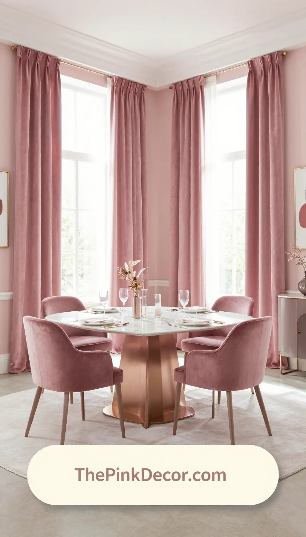 Complete Dining Room with pink decor elements and velvet textures