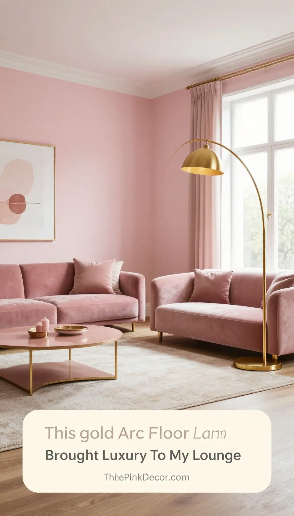 Complete Living Room with pink decor elements and a gold arc lamp