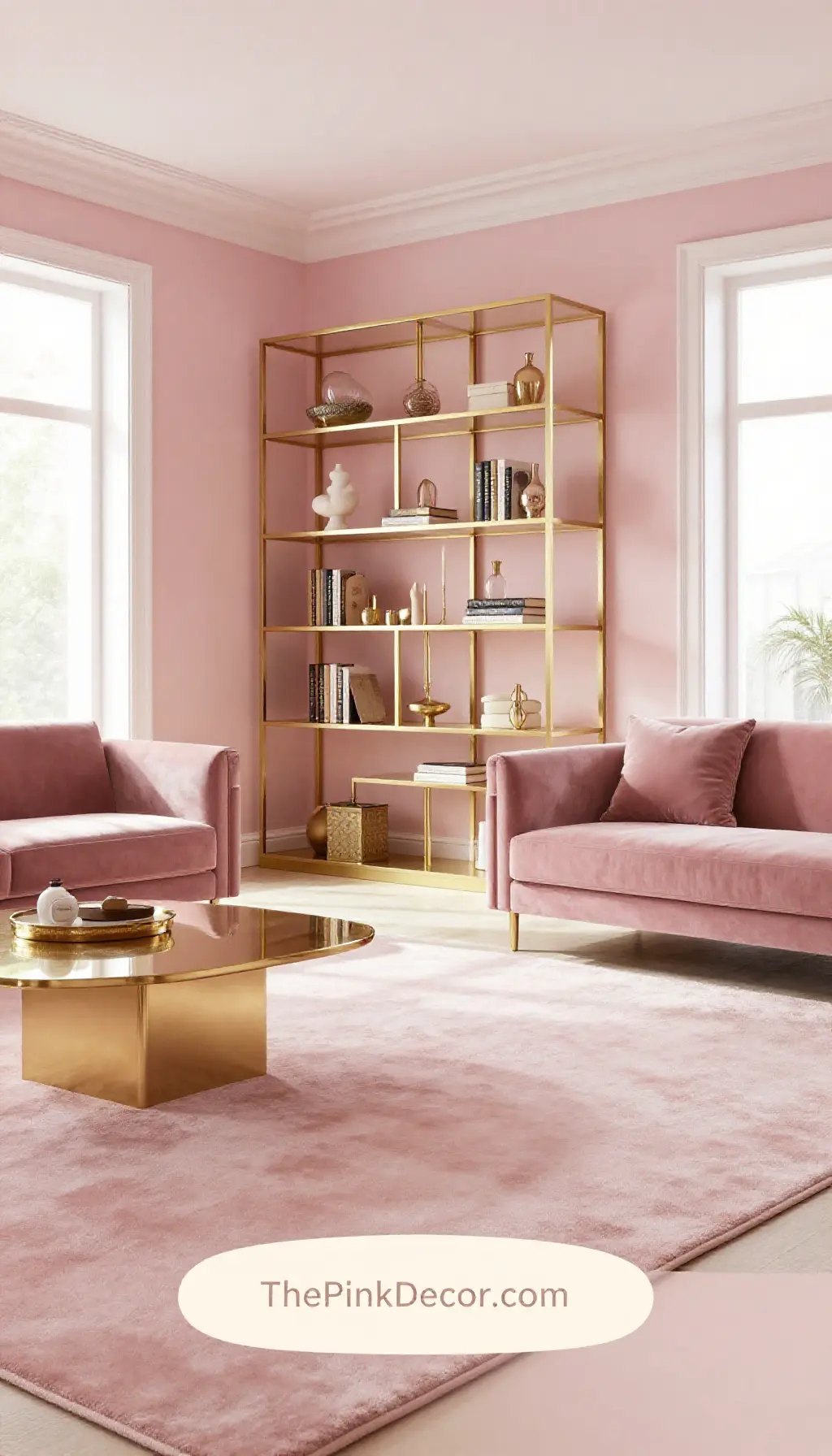 Complete Living Room with pink decor and gold geometric bookshelf