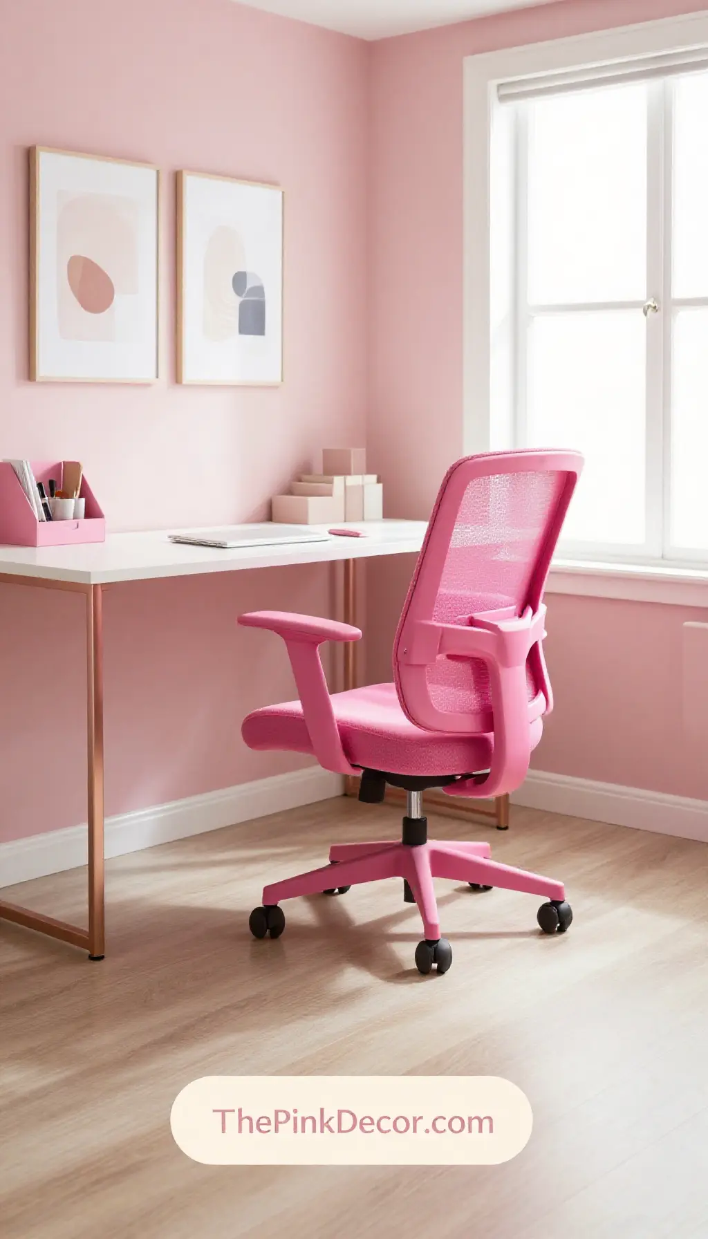 Complete Home Office with hot pink desk chair and gold desk accessories