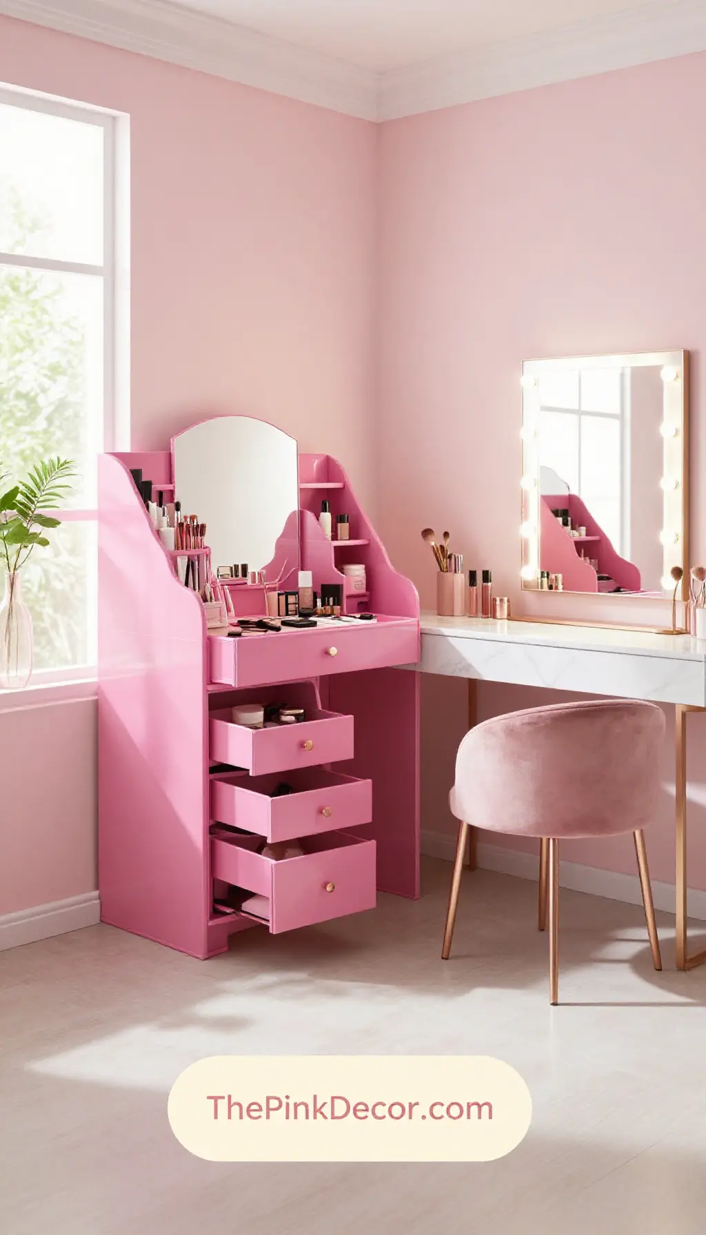 Complete Dressing Room with hot pink makeup organizer and gold accents