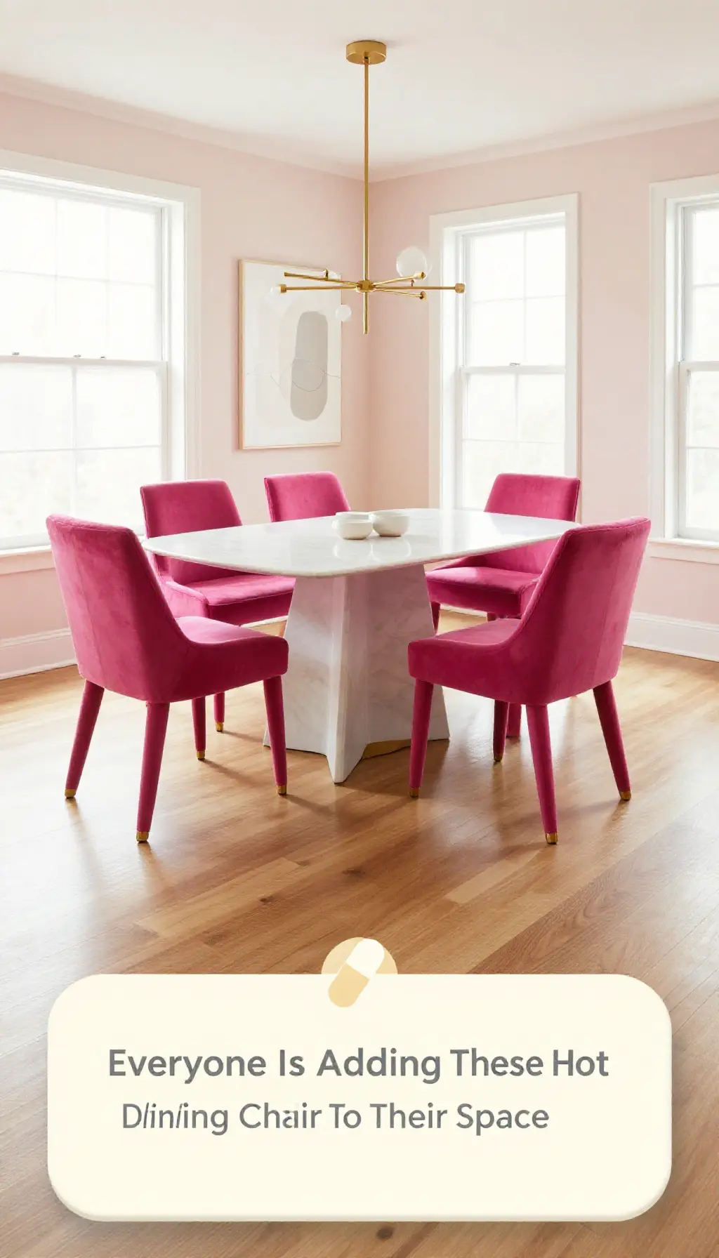 Complete Dining Room with hot pink velvet dining chairs and gold accents