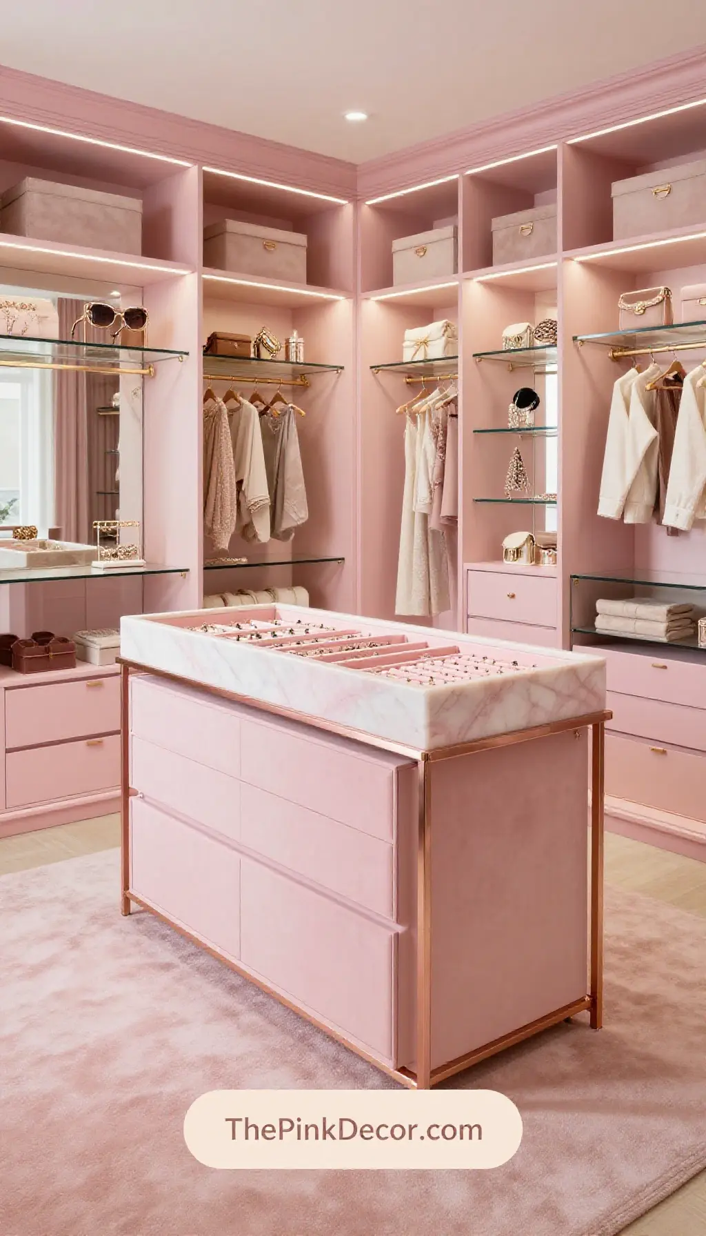 Organized closet with pink marble jewelry tray and gold accents