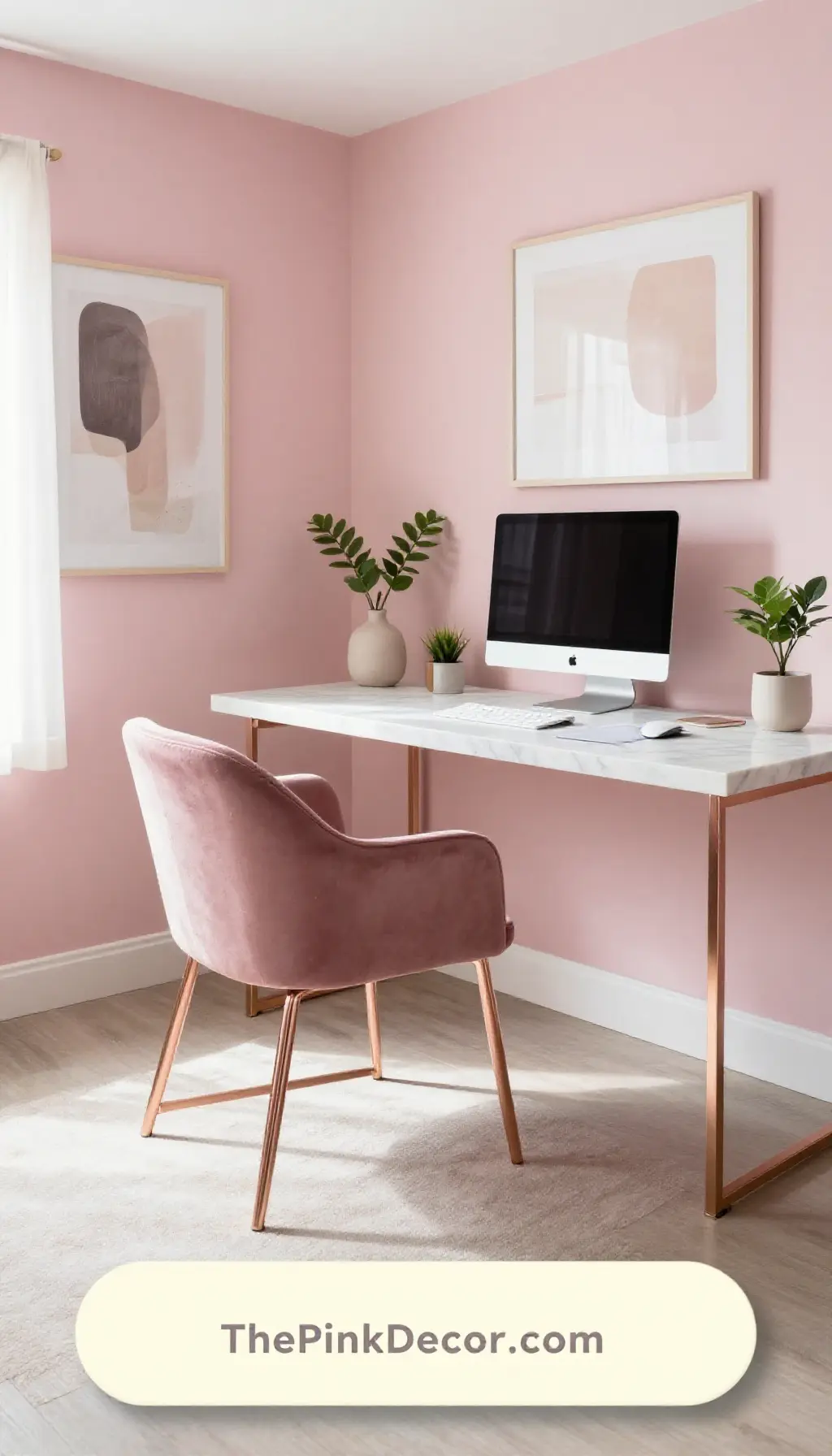 Complete Home Office with pink decor elements and marble desk accessories