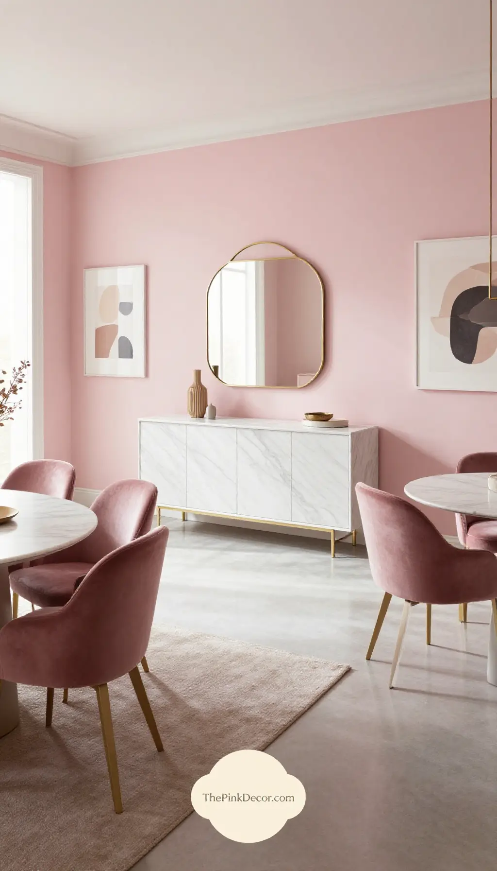Complete Dining Room with pink decor elements and marble furniture