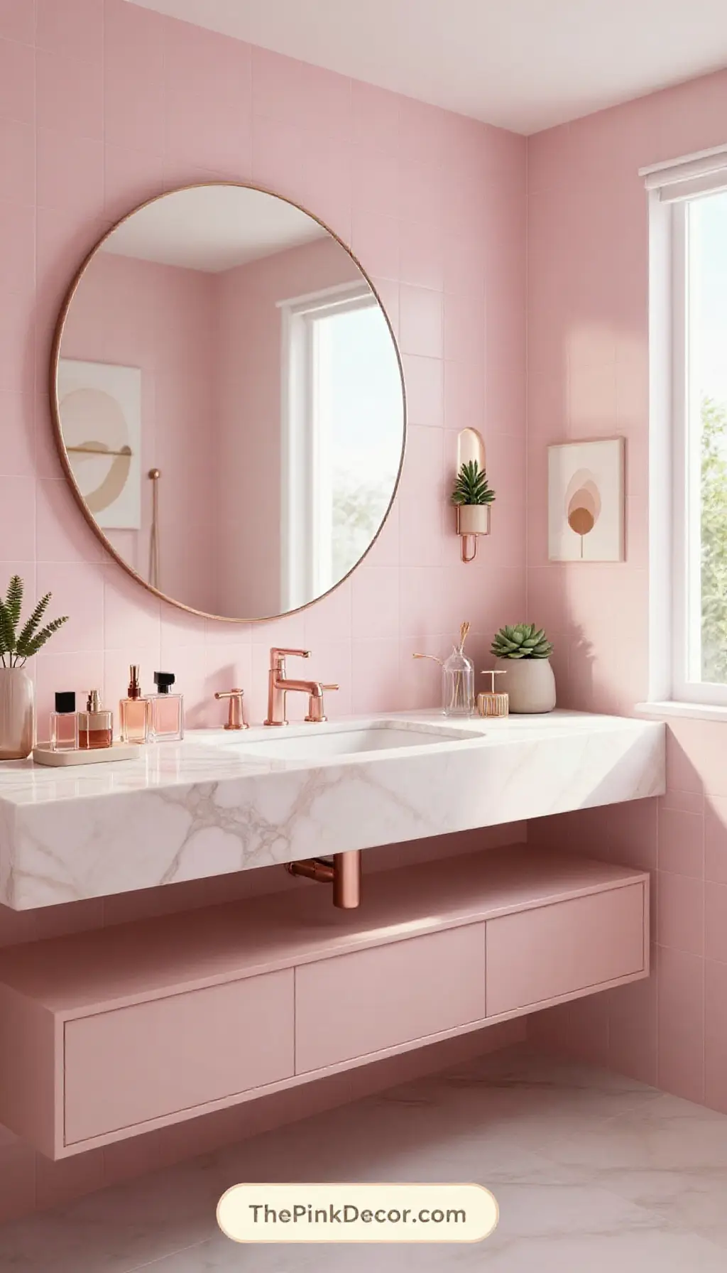 Complete Bathroom with pink decor elements and marble mirror