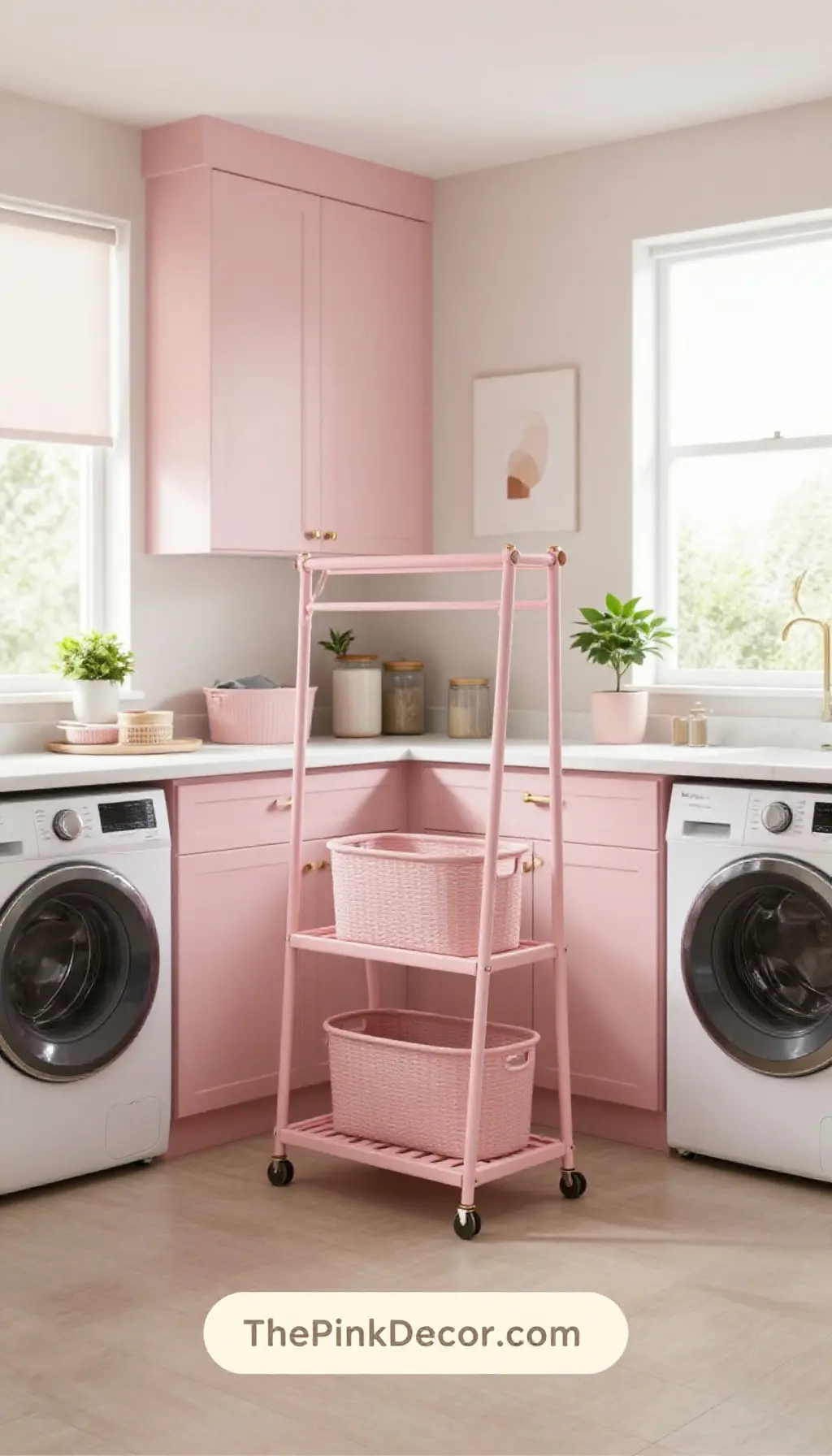 Complete Laundry Room with pink decor elements and stylish organization