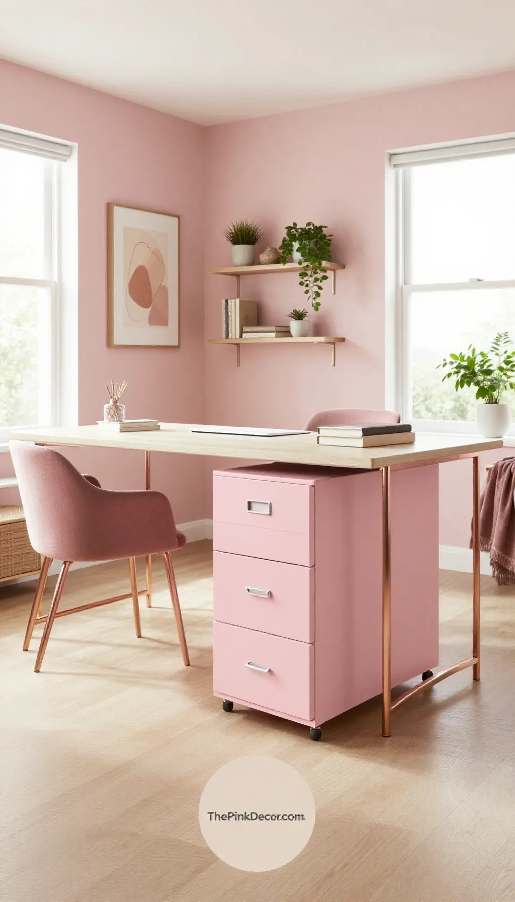 Complete Home Office with pink decor elements and organization