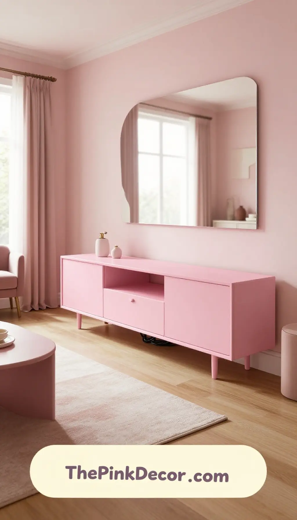 Complete Living Room with pink decor elements and media console