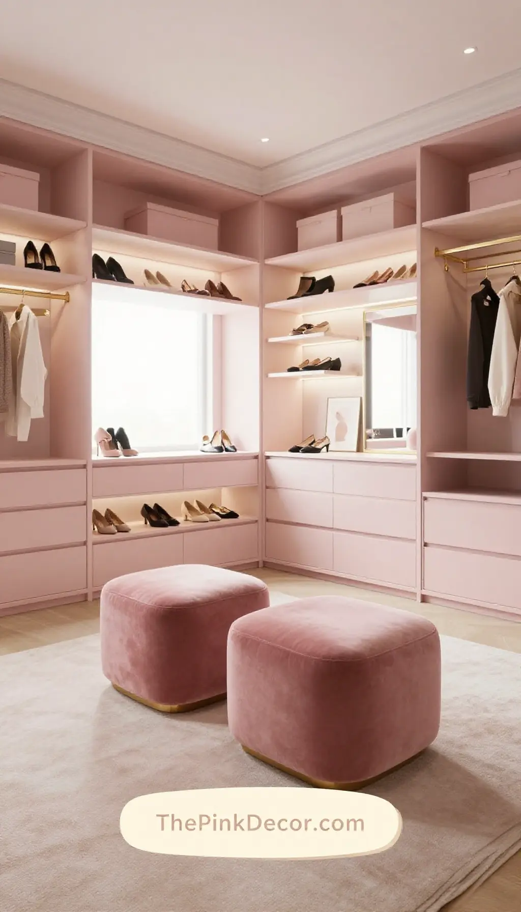 Organized closet featuring Millennial Pink Velvet Ottomans and gold accents