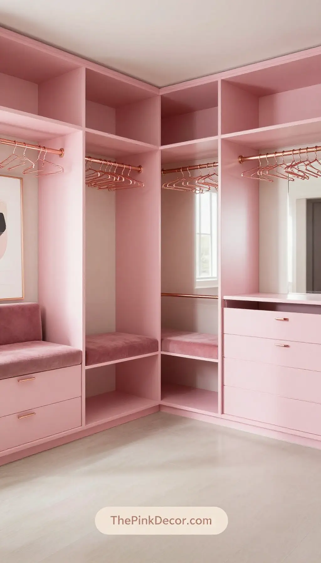 Complete Closet with pink decor elements and rose gold hangers