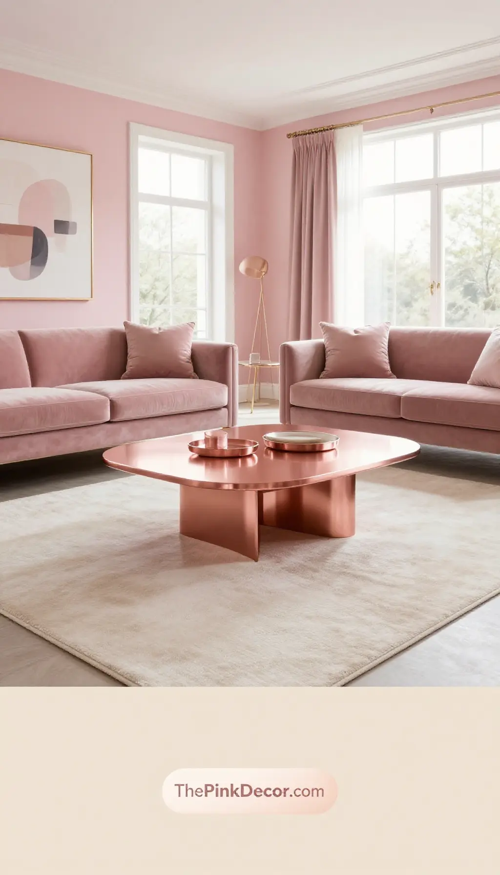 Beautifully styled living room with Rose Gold Coffee Table, pink cushions, and gold floor lamp