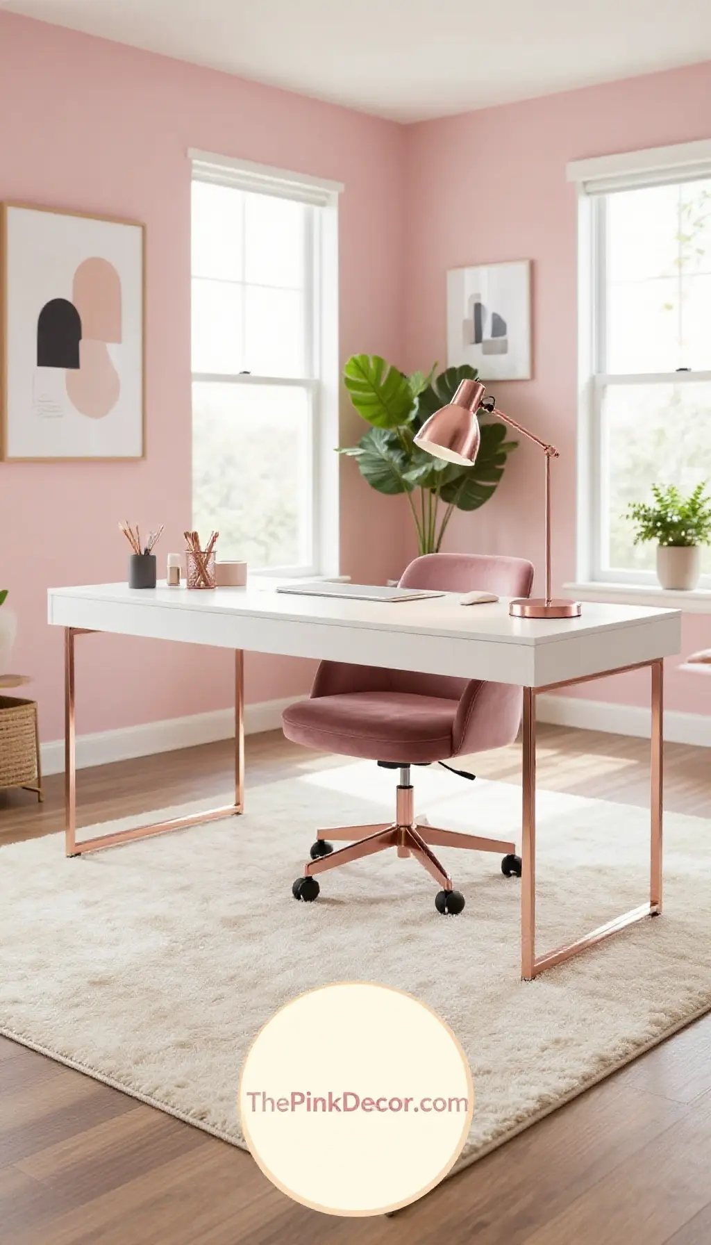 Complete Home Office with pink decor elements and a rose gold lamp