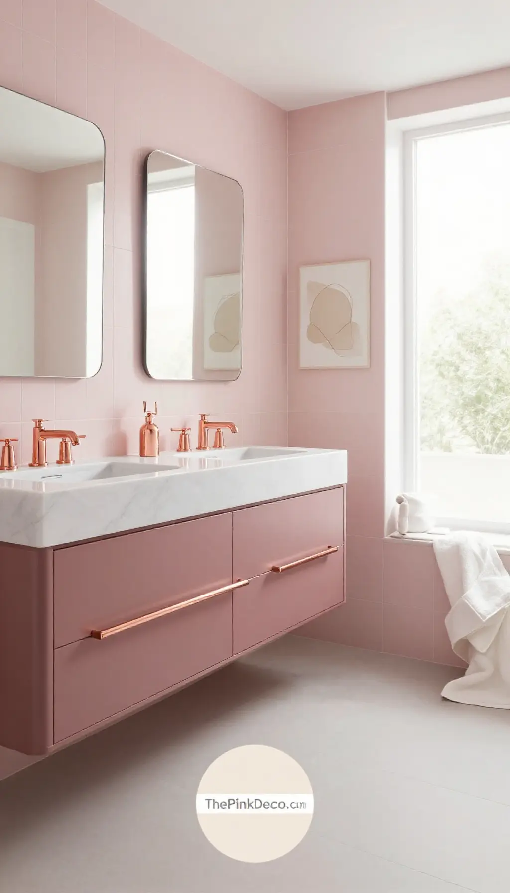 Complete Bathroom with pink decor elements and rose gold fixtures