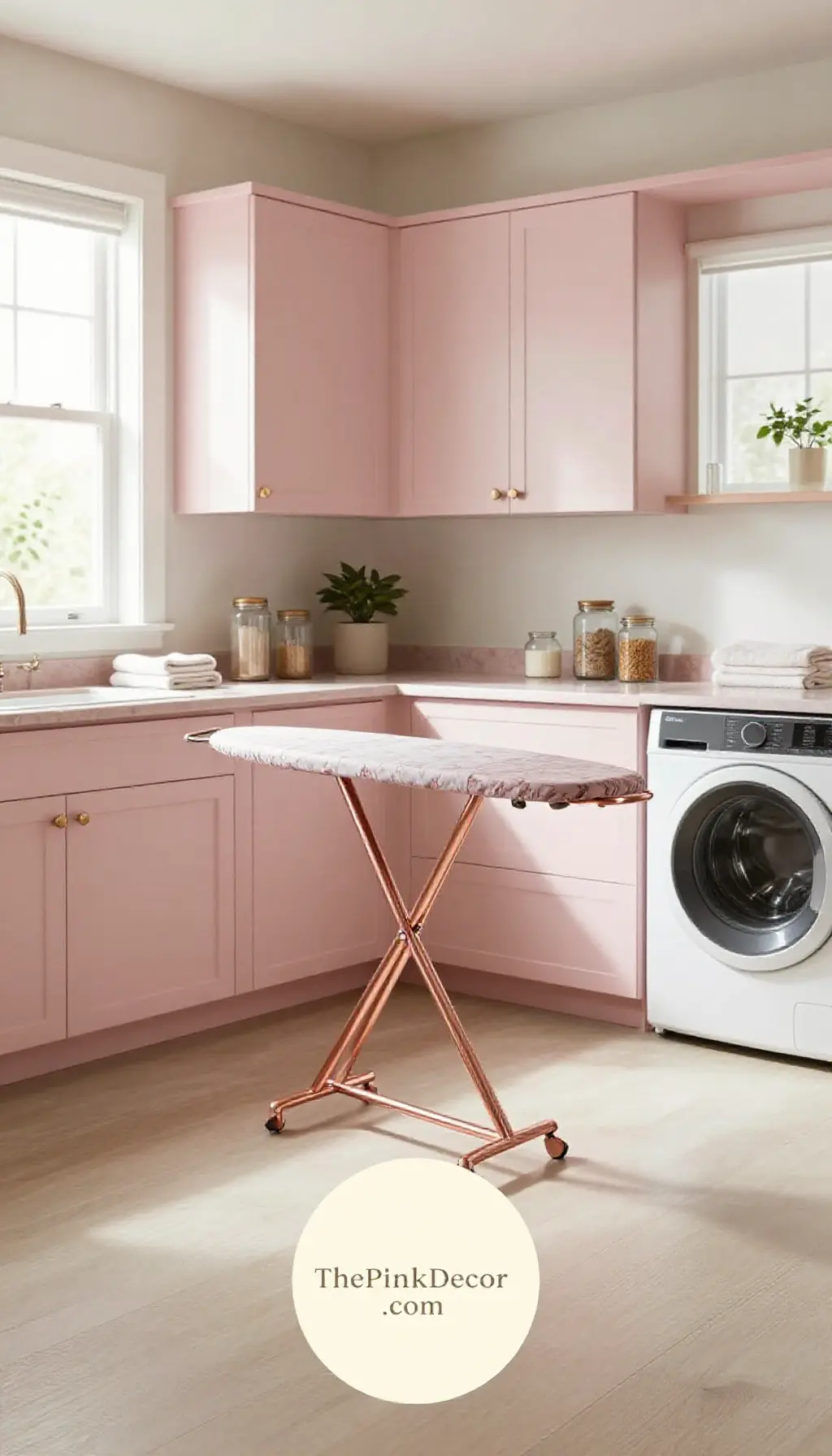 Complete Laundry Room with pink decor elements and Rose Gold Ironing Board