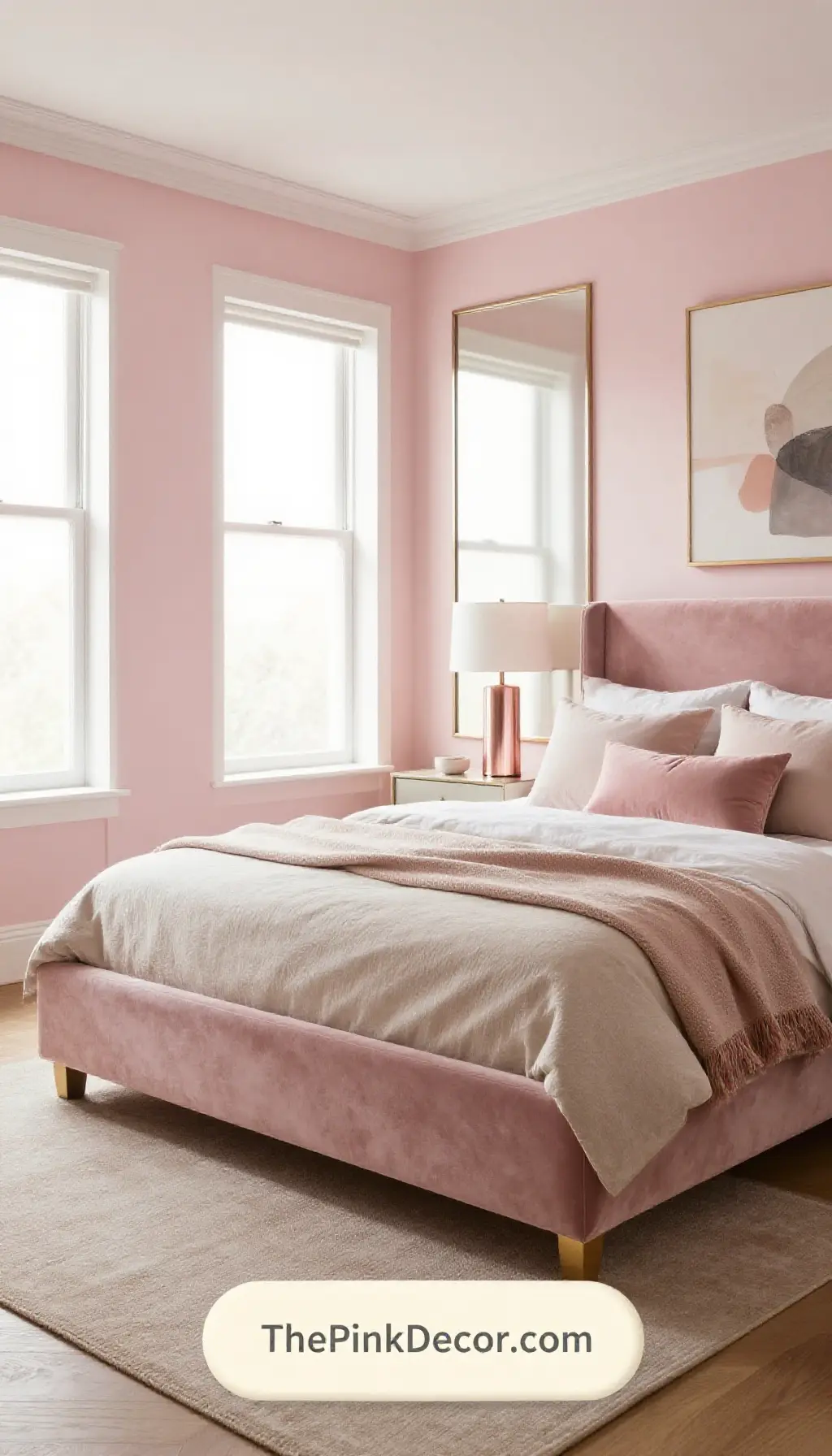 Complete Bedroom with pink decor elements and rose gold lighting