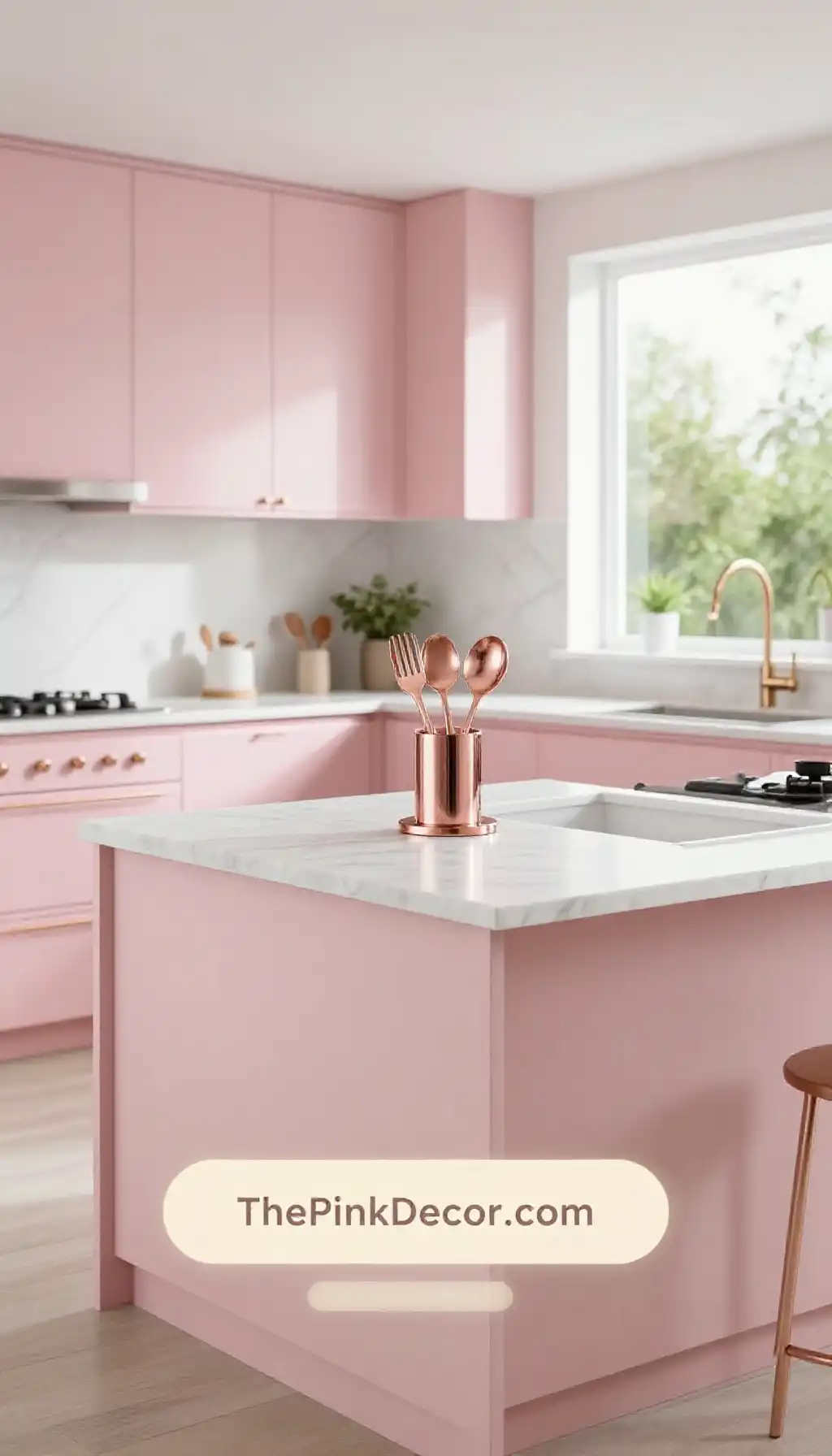 Complete Kitchen with pink decor elements and rose gold accents