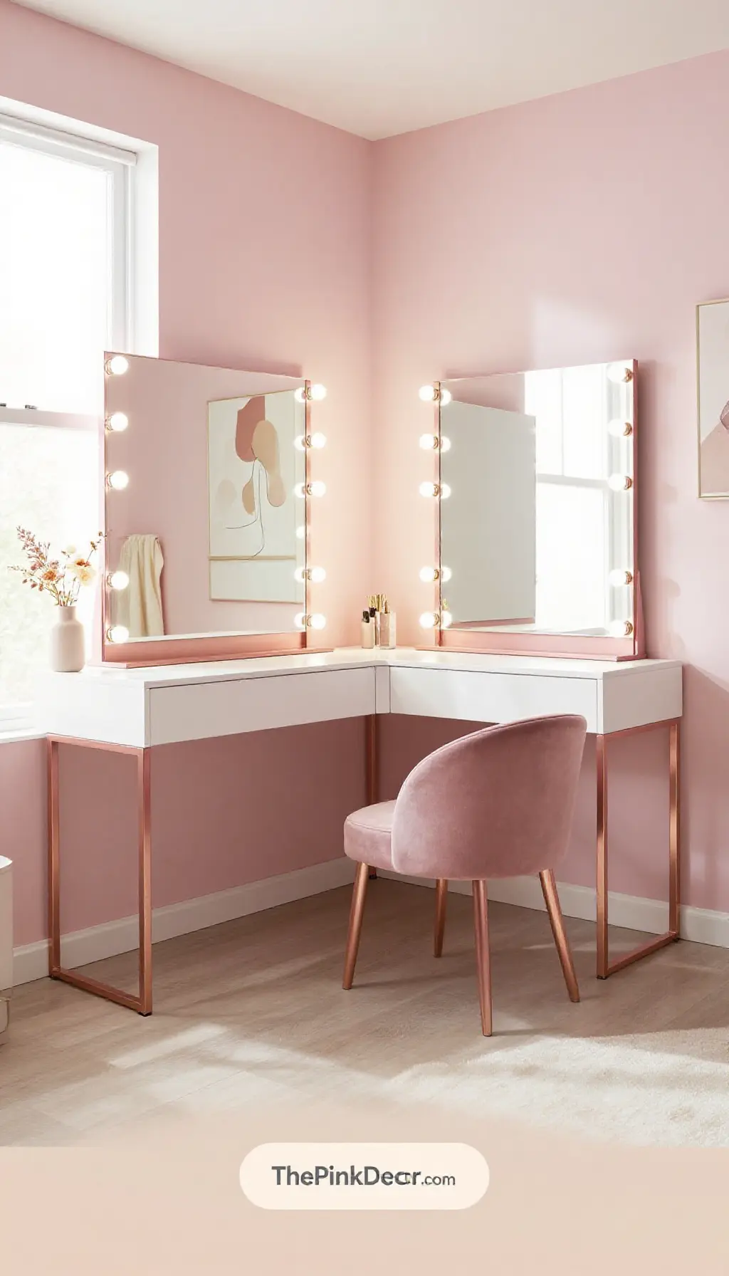 Complete Dressing Room with rose gold vanity mirror and pink decor elements
