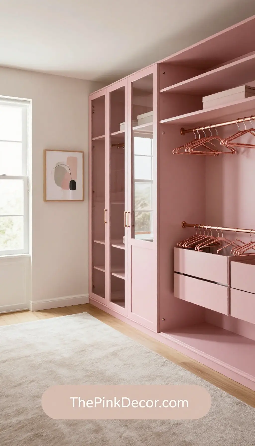 Organized closet with Rose Gold Velvet Hangers Set and pink decor