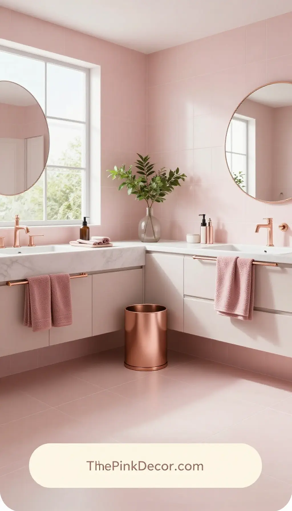 Complete Bathroom with pink decor elements and rose gold accents