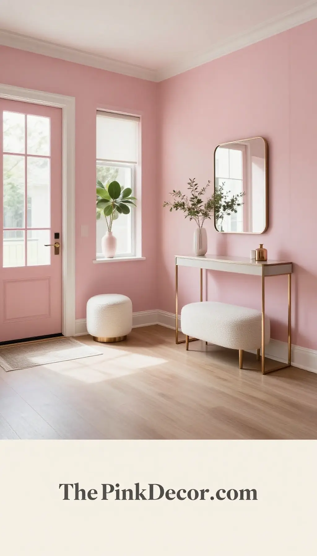Stylized entryway with a White Boucle Ottoman, pink walls, and gold accents