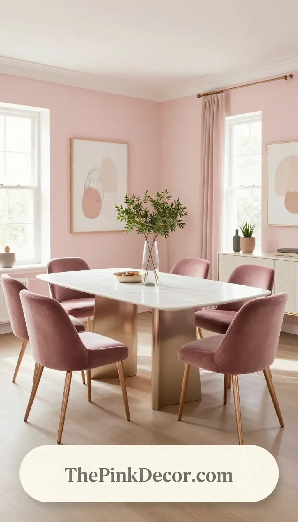 Complete Dining Room with pink decor elements and a large white marble table