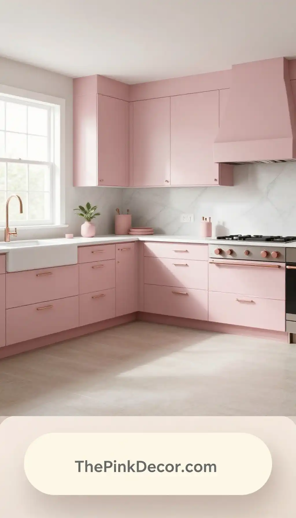 Modern pink kitchen interior featuring a White Marble Pastry Board and brass hardware
