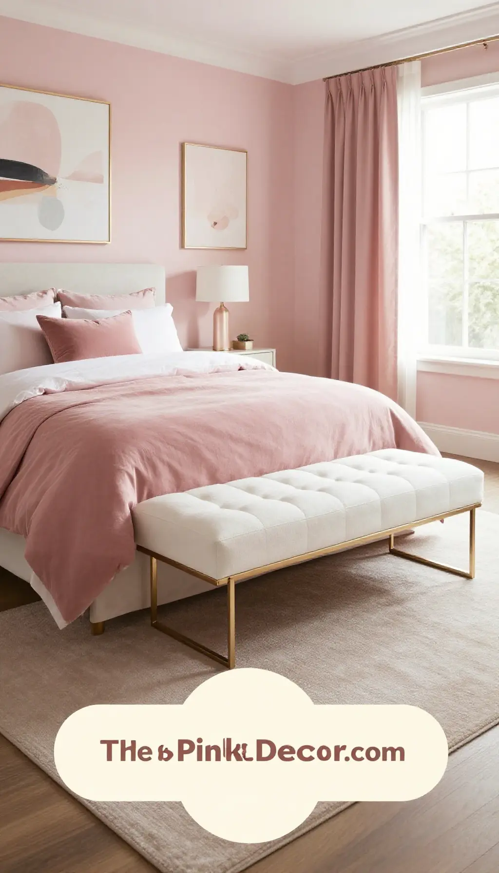 Complete Bedroom with pink decor elements and white tufted storage bench