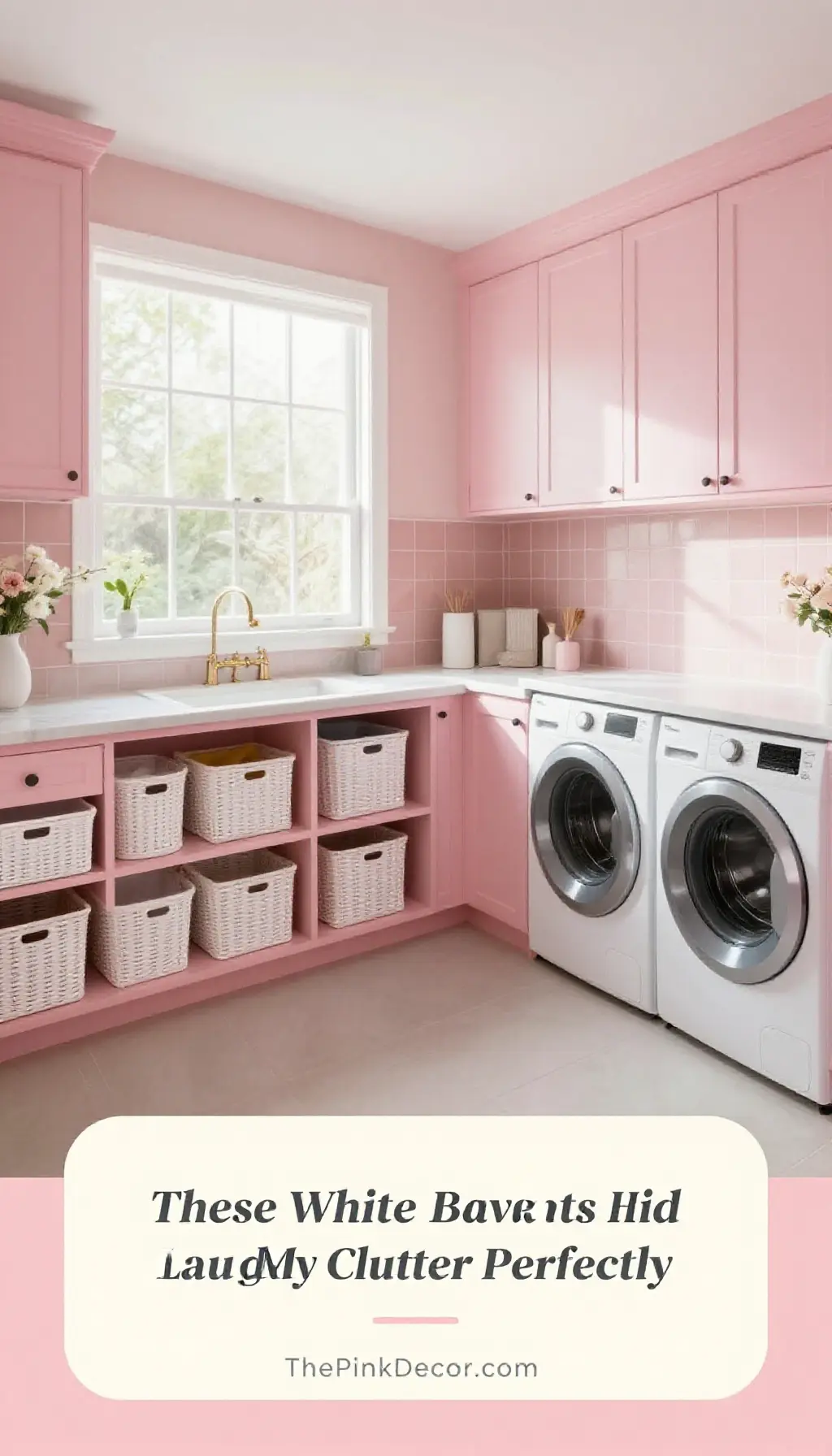 Complete Laundry Room with pink decor and White Woven Storage Baskets