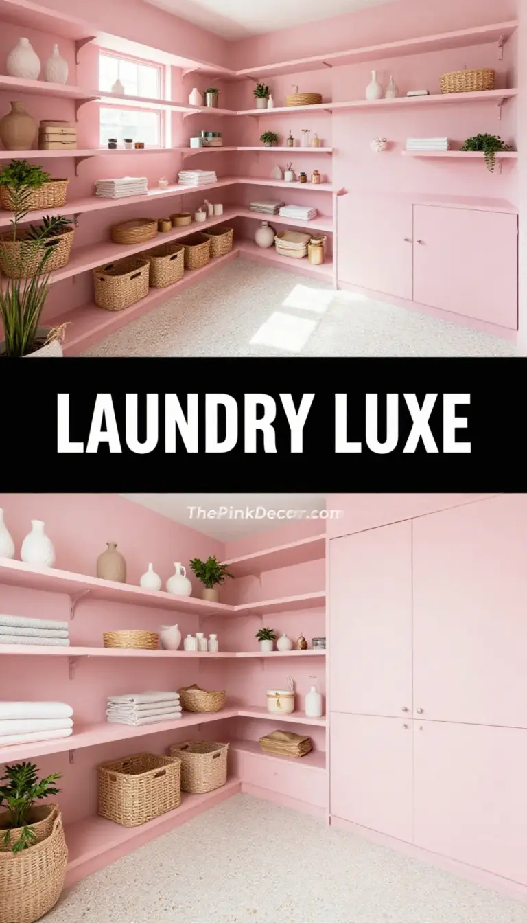 Blush Pink Laundry Room with Floating Shelves and Terrazzo Flooring - Laundry Room - The Pink Decor
