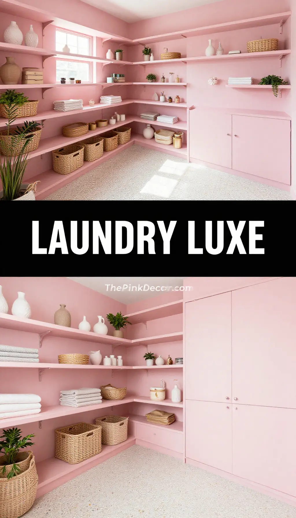 Blush Pink Laundry Room with Floating Shelves and Terrazzo Flooring - Laundry Room - The Pink Decor