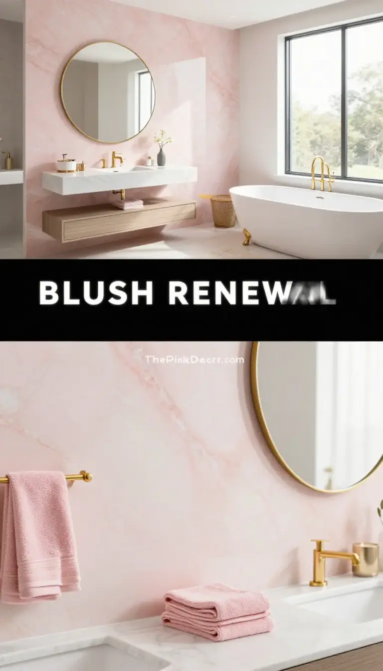 Blush Pink Marble Accent Wall Bathroom with Gold Fixtures - Bathroom - The Pink Decor