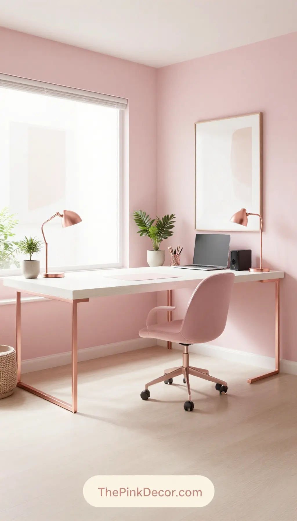 modern blush pink home office decor ideas with rose gold accessories - Complete View Complete Home Office with pink decor elements