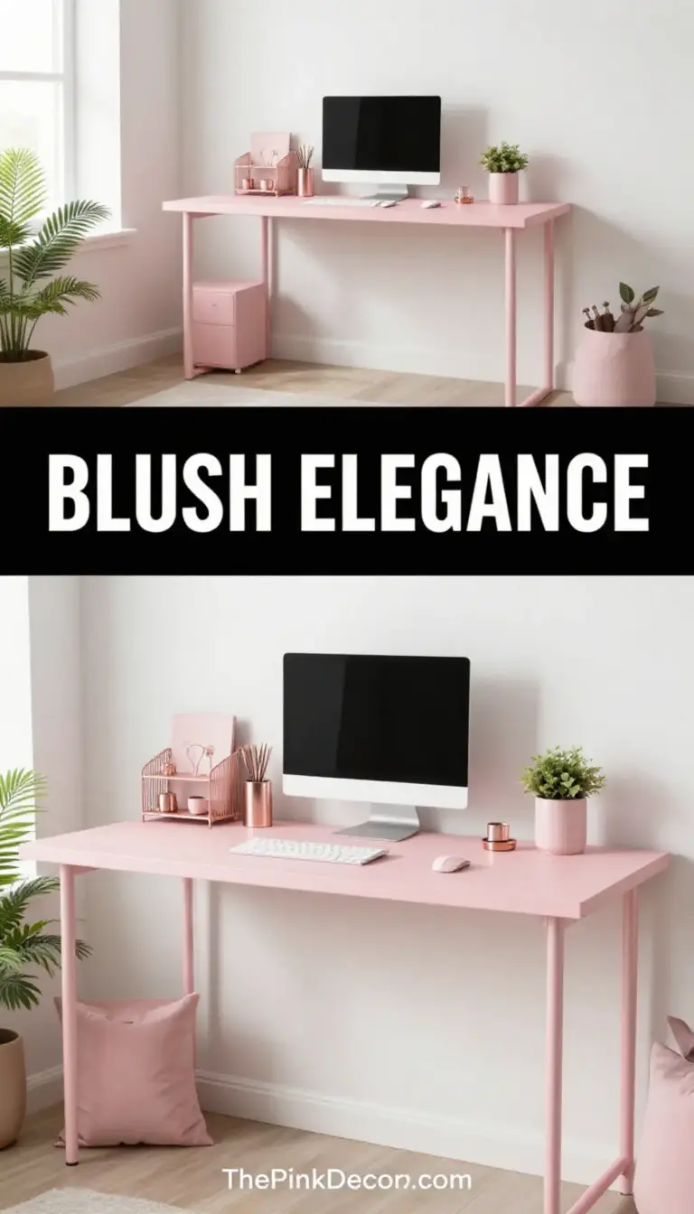 Blush Pink Minimalist Desk Setup with Rose Gold Accents - Home Office - The Pink Decor