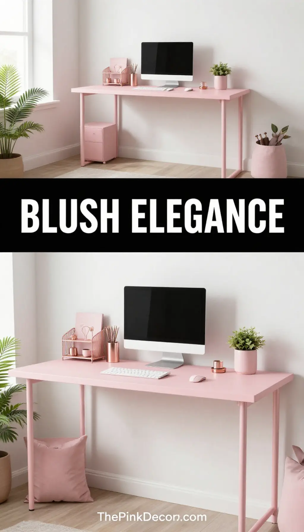 modern blush pink home office decor ideas with rose gold accessories - Featured Design Blush Pink Minimalist Desk Setup with Rose Gold Accents - Home Office - The Pink Decor