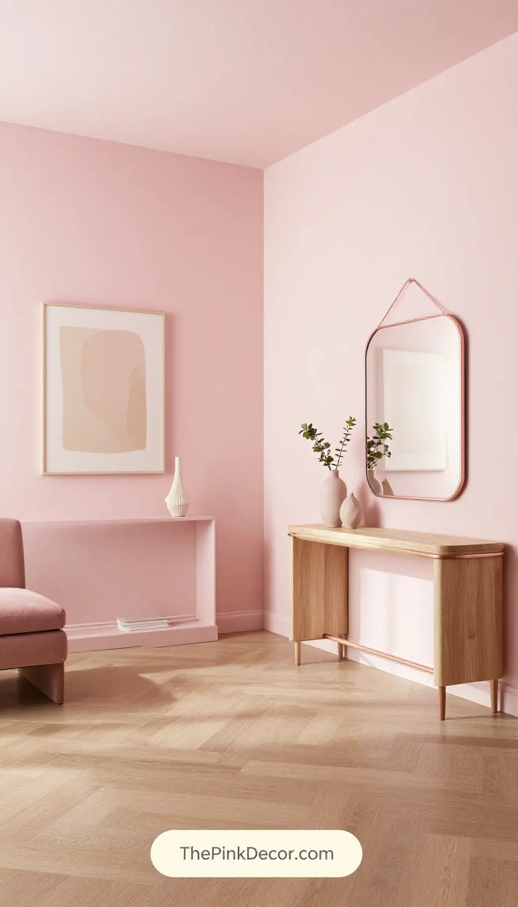 modern pink home decor entryway ideas with blush color and geometric designs - Complete View Complete Entryway with pink decor elements including geometric wall pattern, blush console table, and minimalist accessories