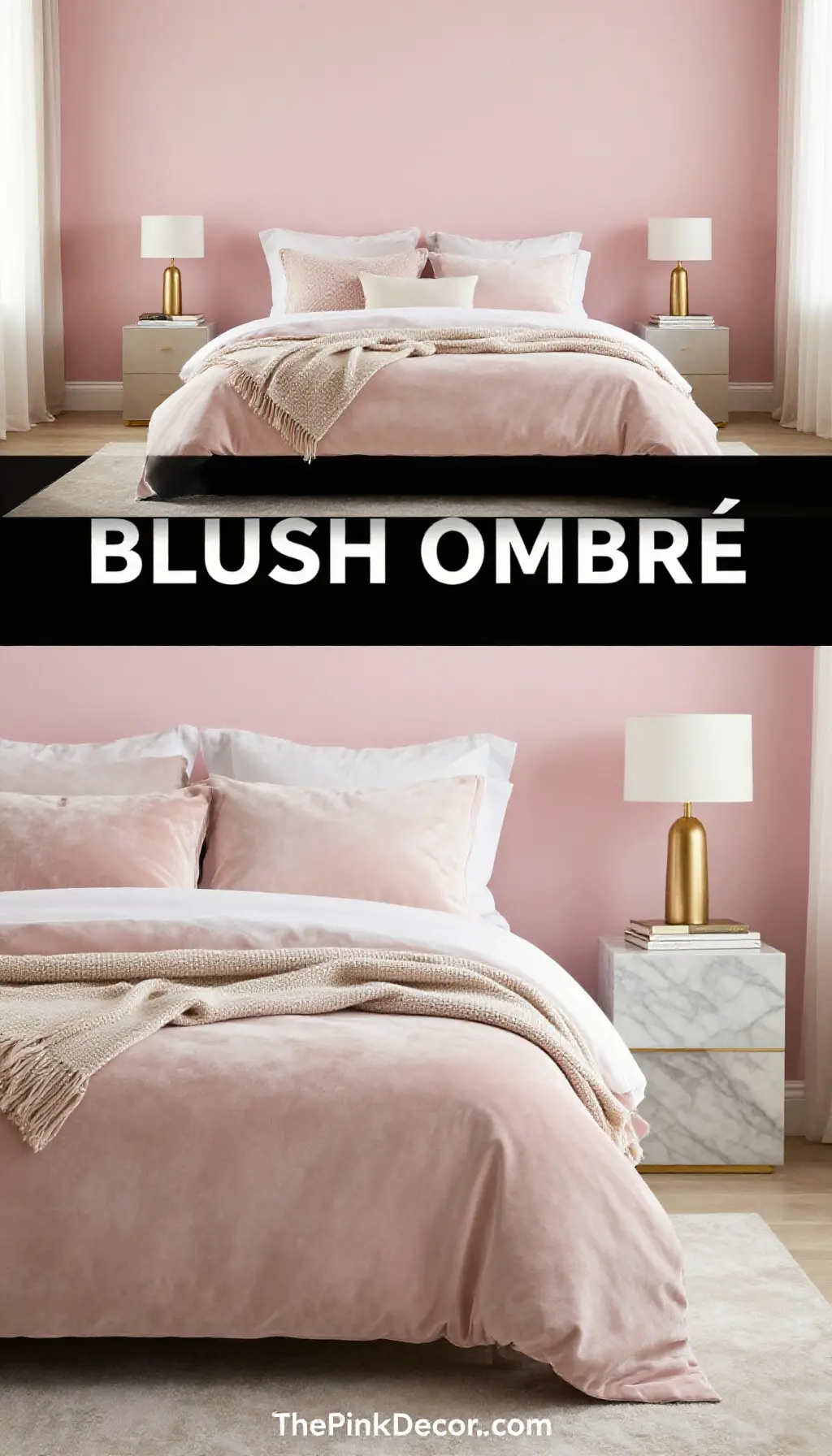 Blush Pink Ombre Accent Wall with Velvet Bedding Ensemble - Bedroom - The Pink Decor
