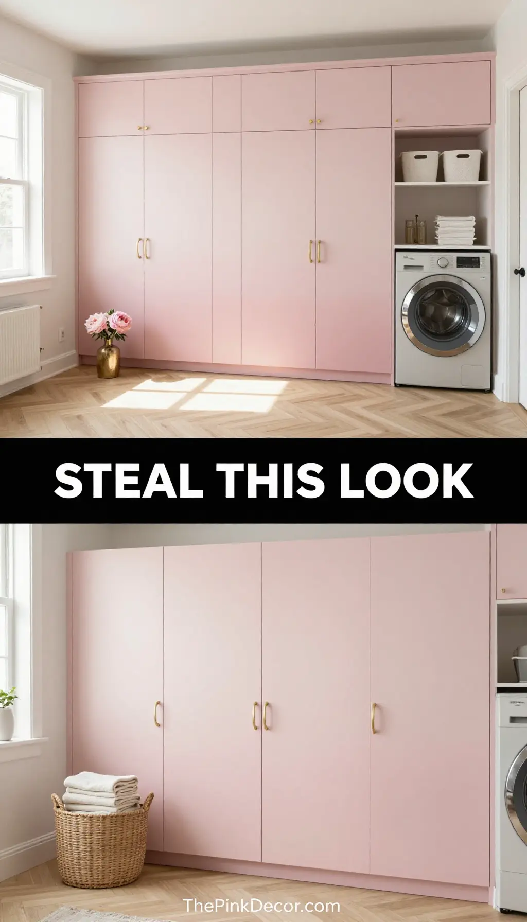 Blush Pink Ombre Laundry Room Cabinetry with Brass Hardware - Laundry Room - The Pink Decor