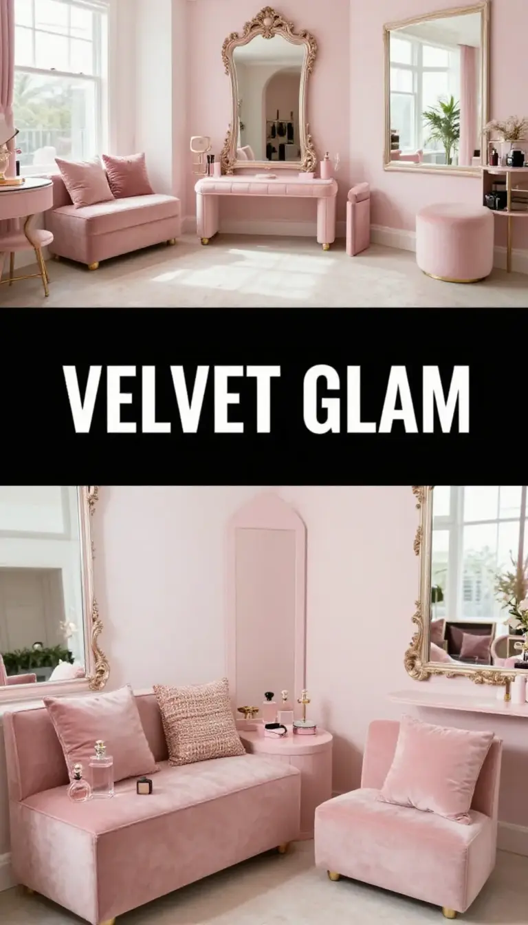Blush Pink Velvet Dressing Bench and Mirror Ensemble - Dressing Room - The Pink Decor