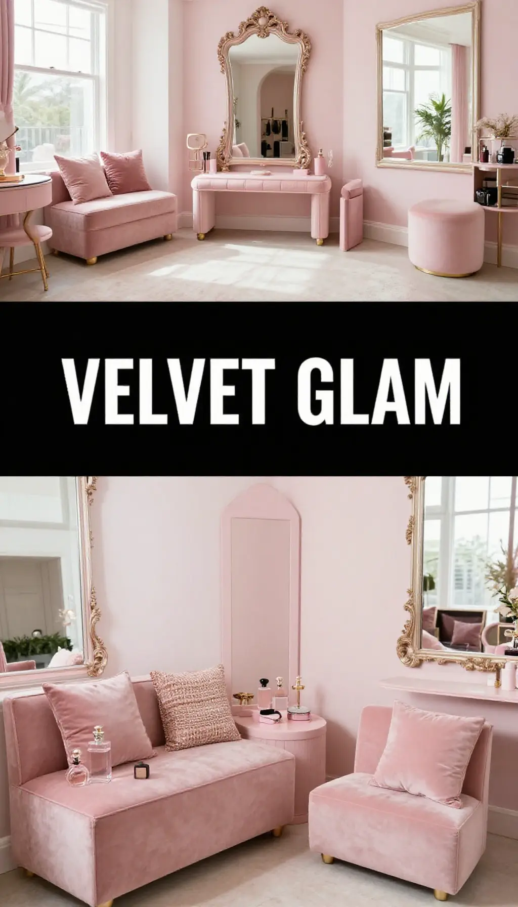Blush Pink Velvet Dressing Bench and Mirror Ensemble - Dressing Room - The Pink Decor