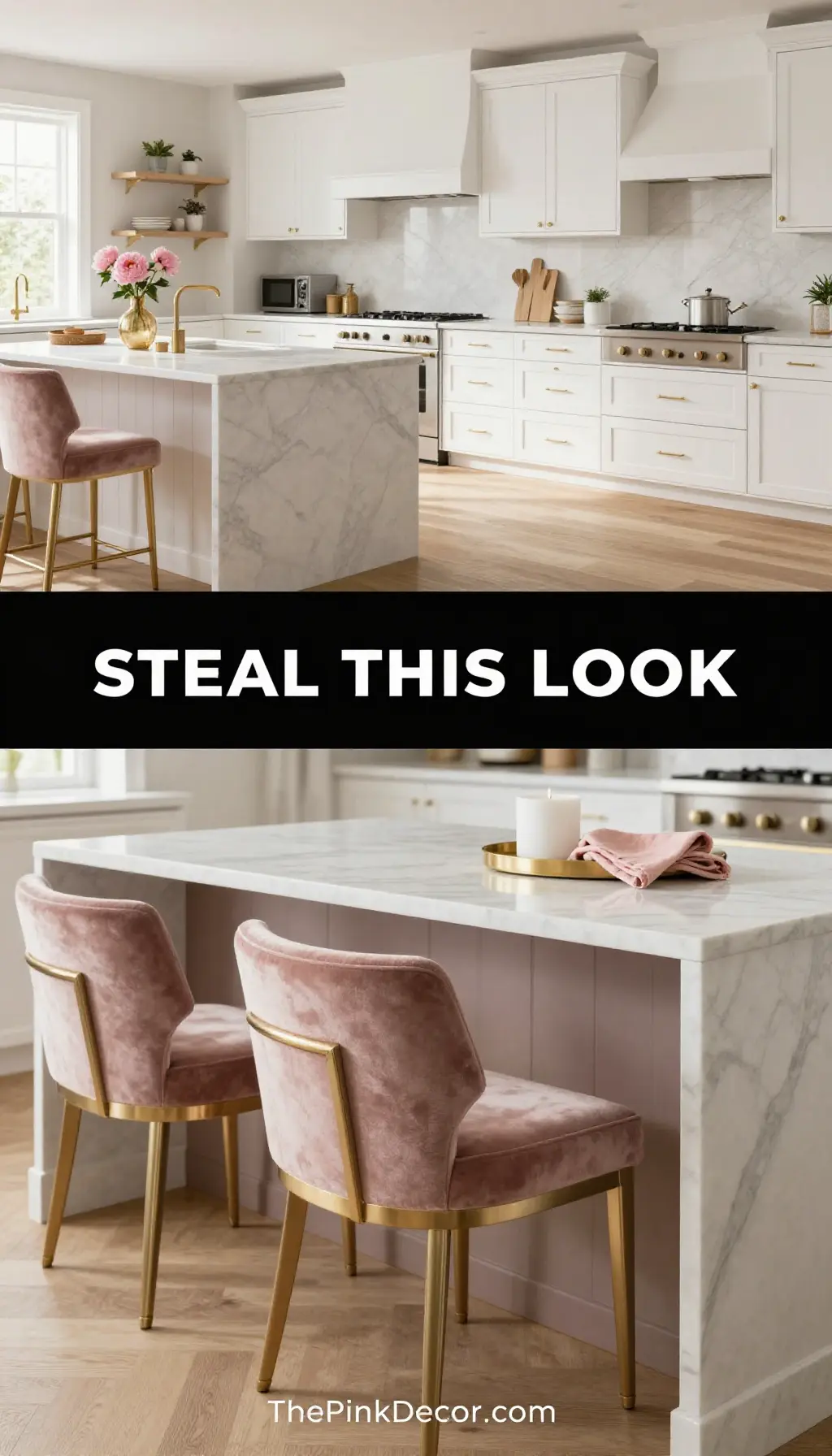 Blush Velvet and Brushed Gold Bistro Kitchen - Kitchen - The Pink Decor