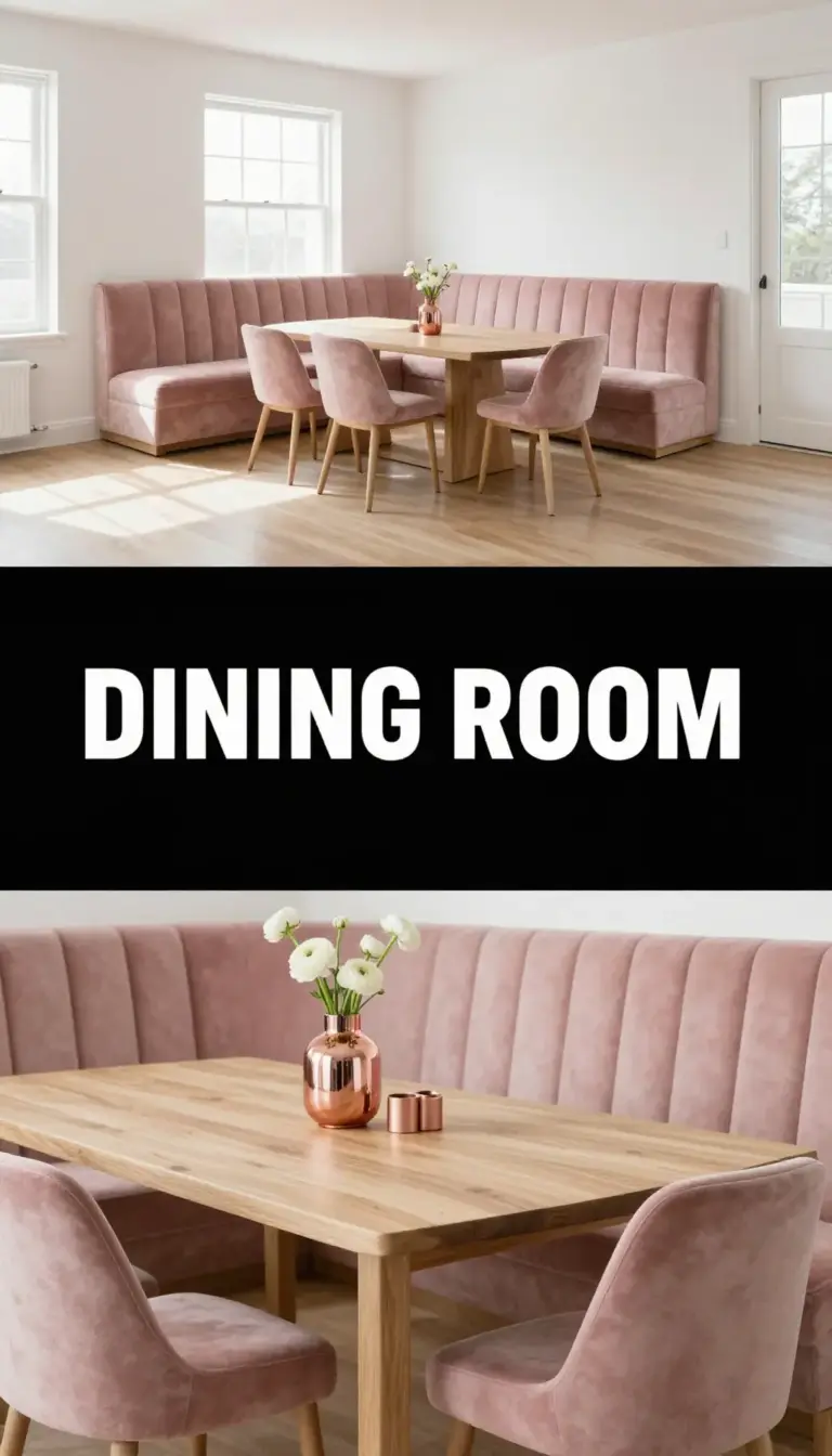 Blush Velvet Banquette with Rose Gold Accents - Dining Room - The Pink Decor