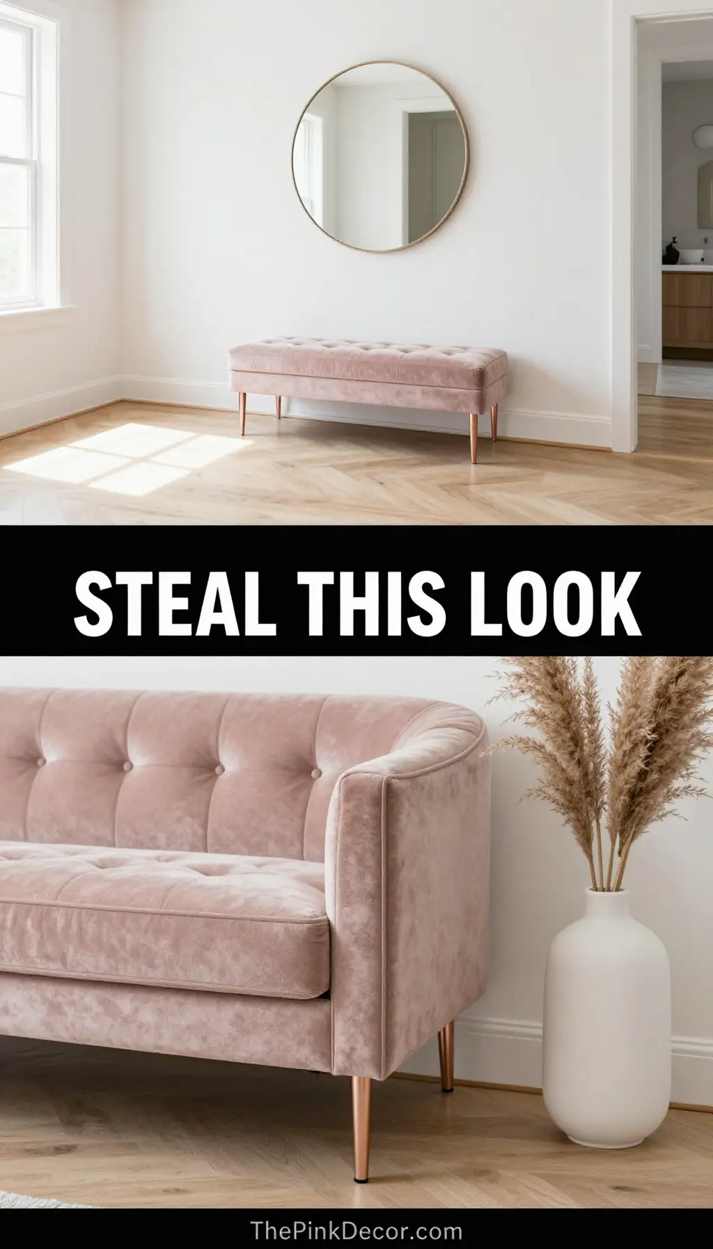 Blush Velvet Channel Tufted Bench with Rose Gold Accents - Entryway - The Pink Decor