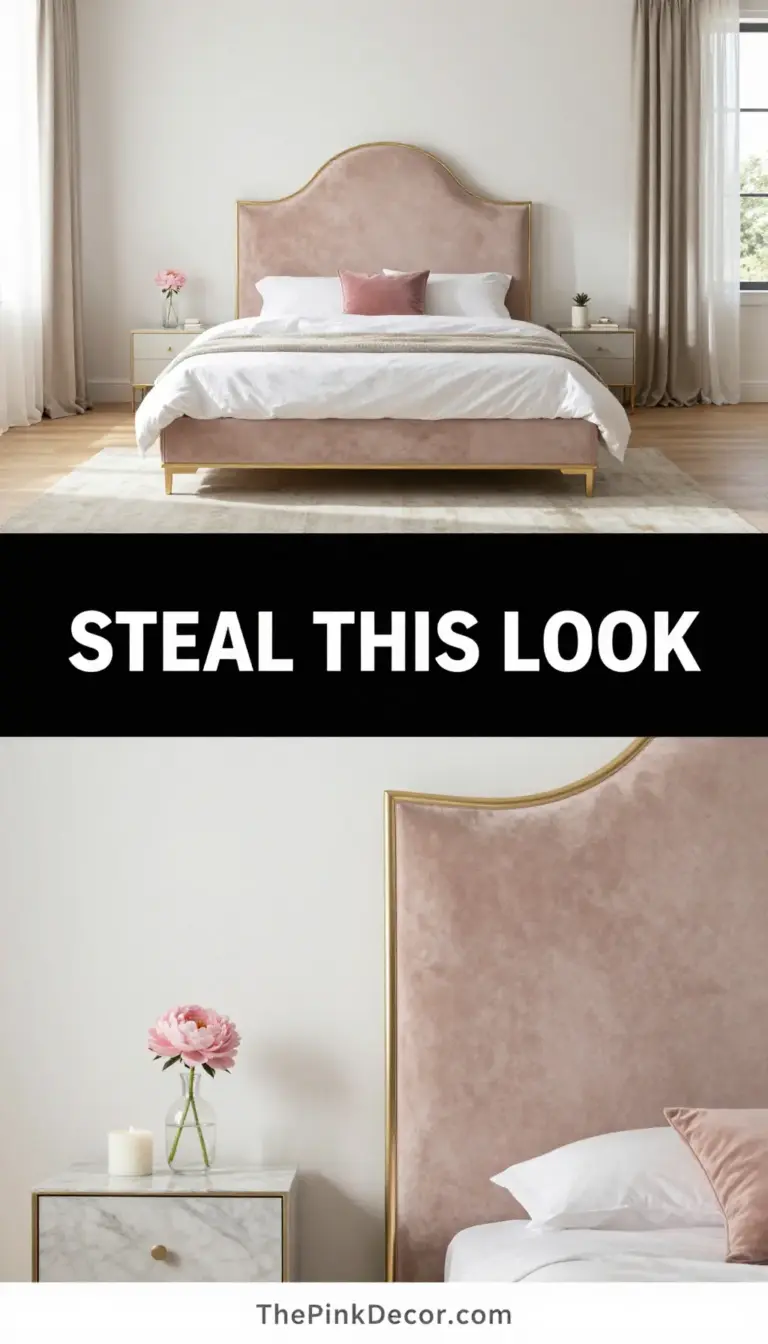 Blush Velvet Gilded Arch Headboard with Rosy Tones - Bedroom - The Pink Decor