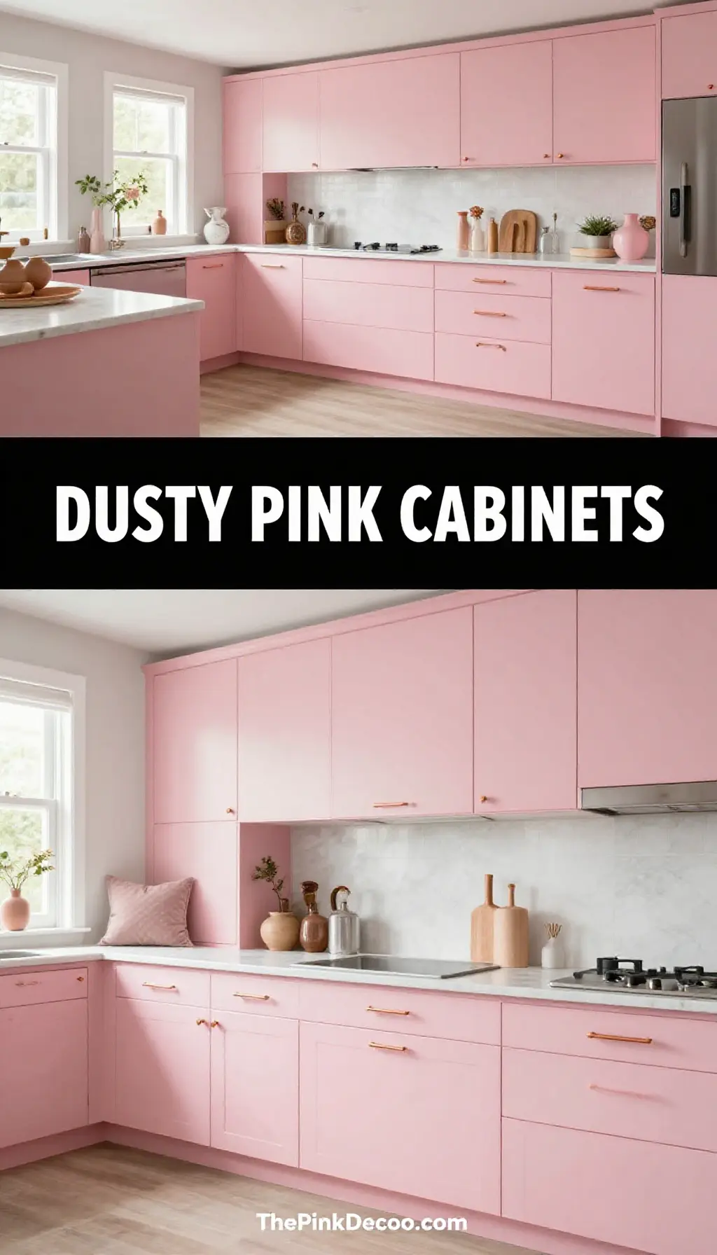 Dusty Pink Lacquered Cabinets with Copper Hardware - Kitchen - The Pink Decor