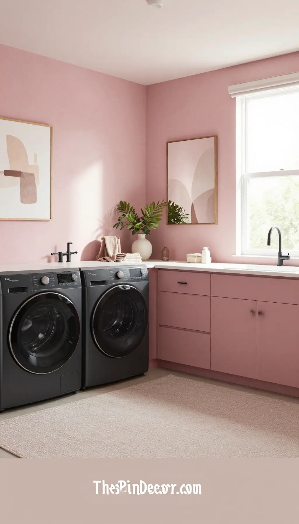 modern dusty pink decor ideas for laundry rooms with matte black hardware - Complete View Complete Laundry Room with pink decor elements