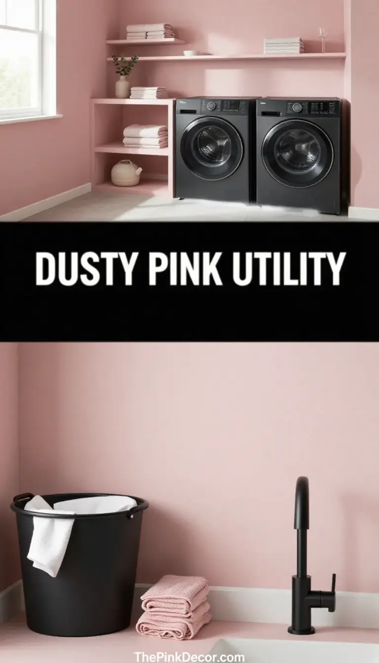 Dusty Pink Laundry Room with Matte Black Fixtures and Textured Walls - Laundry Room - The Pink Decor